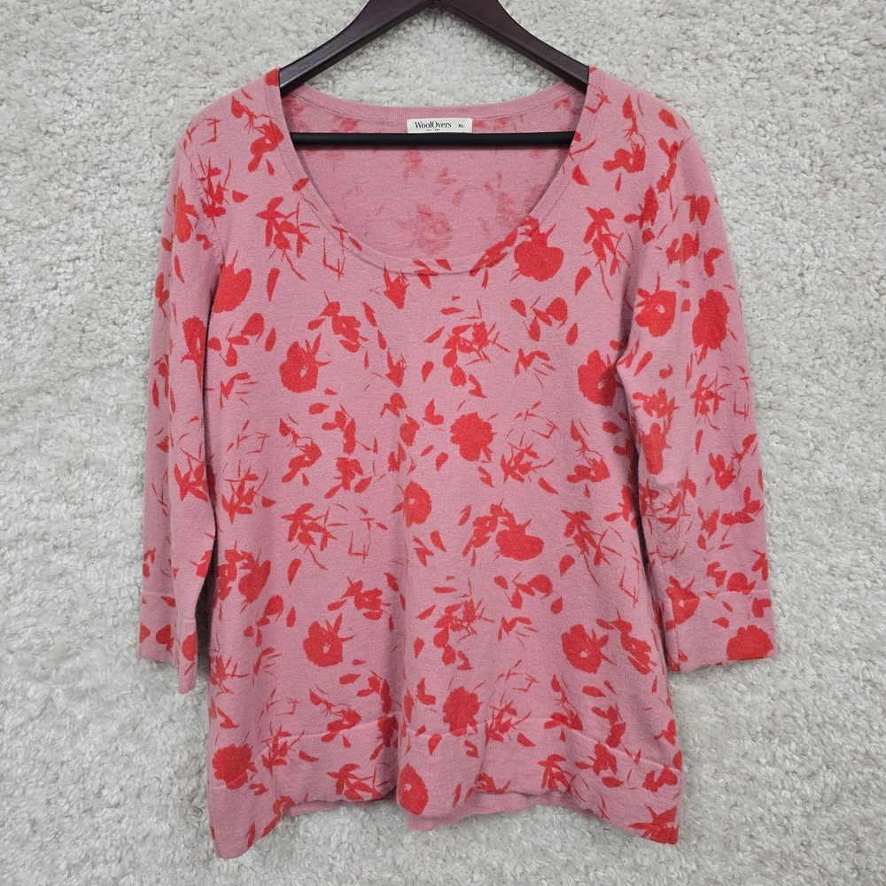 WoolOvers Sweater Womens XL Pink Red Floral Scoop Neck Lightweight 3/4 Sleeve‎